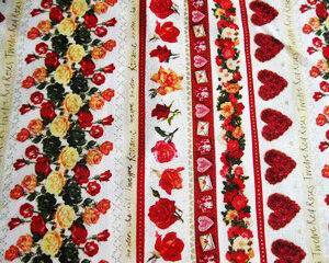 Tessuto americano ideale per patchwork, quilt e cucito creativo, realizzato in cotone 100% a tema San Valentino in altezza di cm 110.