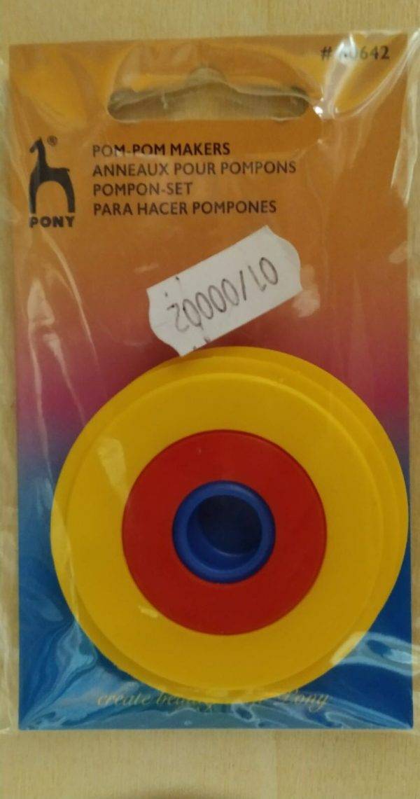 Confezione contenente tre diverse dimensioni di dischi per fare pompom di diverse dimensioni.